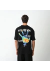 Unisex Bisiklet Yaka Baskılı Oversize T-Shirt - Siyah