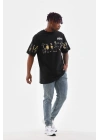 Unisex Bisiklet Yaka Baskılı Oversize T-Shirt - Siyah