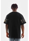 Unisex Bisiklet Yaka Baskılı Oversize T-Shirt - Siyah