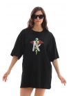 Unisex Bisiklet Yaka Baskılı Oversize T-Shirt - Siyah