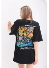 Unisex Bisiklet Yaka Baskılı Oversize T-Shirt - Siyah