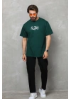 Unisex Bisiklet Yaka Baskılı Oversize T-Shirt - Yeşil
