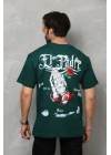 Unisex Bisiklet Yaka Baskılı Oversize T-Shirt - Yeşil