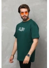 Unisex Bisiklet Yaka Baskılı Oversize T-Shirt - Yeşil
