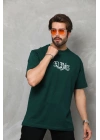 Unisex Bisiklet Yaka Baskılı Oversize T-Shirt - Yeşil