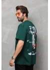 Unisex Bisiklet Yaka Baskılı Oversize T-Shirt - Yeşil