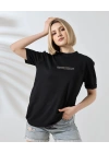 Unisex Bisiklet Yaka Baskılı Slim Fit T-Shirt - Siyah
