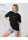 Unisex Bisiklet Yaka Baskılı Slim Fit T-Shirt - Siyah