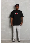 Unisex Bisiklet Yaka Double Oversize Baskılı T-Shirt - Siyah
