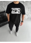 Unisex Bisiklet Yaka Katlanan Baskılı T-Shirt - Siyah