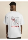 Unisex Bisiklet Yaka Oversize Baskılı T-Shirt - Beyaz