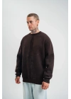 Unisex Bisiklet Yaka Özel Pis Dikişli Yıkamalı SweatShirt - Kahve