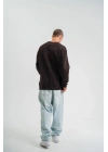 Unisex Bisiklet Yaka Özel Pis Dikişli Yıkamalı SweatShirt - Kahve
