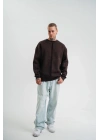 Unisex Bisiklet Yaka Özel Pis Dikişli Yıkamalı SweatShirt - Kahve