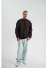 Unisex Bisiklet Yaka Özel Pis Dikişli Yıkamalı SweatShirt - Kahve