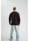 Unisex Bisiklet Yaka Özel Pis Dikişli Yıkamalı SweatShirt - Kahve