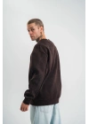 Unisex Bisiklet Yaka Özel Pis Dikişli Yıkamalı SweatShirt - Kahve