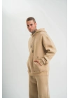 Unisex Double Oversize Kapşonlu Basic SweatShirt - Bej
