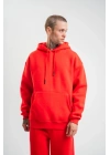 Unisex Double Oversize Kapşonlu Basic SweatShirt - Kırmızı