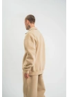 Unisex Double Oversize Patlı Yaka SweatShirt - Bej