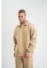 Unisex Double Oversize Patlı Yaka SweatShirt - Bej
