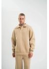 Unisex Double Oversize Patlı Yaka SweatShirt - Bej