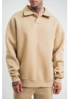 Unisex Double Oversize Patlı Yaka SweatShirt - Bej