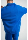 Unisex Double Oversize Patlı Yaka SweatShirt - Mavi
