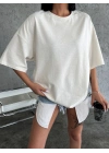 Unisex Düz Biskilet Yaka Oversize T-shirt - Beyaz