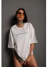 Unisex Kadın Bisiklet Yaka Baskılı T-Shirt - Beyaz