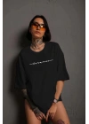 Unisex Kadın Bisiklet Yaka Baskılı T-Shirt - Siyah