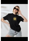 Unisex Kadın Bisiklet Yaka Baskılı T-Shirt - Siyah