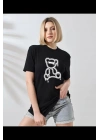 Unisex Kadın Bisiklet Yaka Baskılı T-Shirt - Siyah