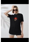 Unisex Kadın Bisiklet Yaka Baskılı T-Shirt - Siyah