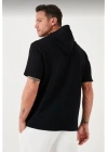 Unisex Kapşonlu Kısa Kol Düz Oversize T-shirt - Siyah