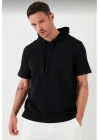Unisex Kapşonlu Kısa Kol Düz Oversize T-shirt - Siyah