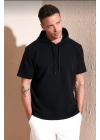 Unisex Kapşonlu Kısa Kol Düz Oversize T-shirt - Siyah