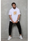 Unisex Kapşonlu Kısa Kol Oversize Baskılı T-Shirt - Beyaz