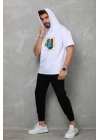Unisex Kapşonlu Kolsuz Oversize Baskılı Tişört - Beyaz
