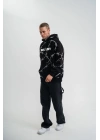 Unisex Kapşonlu Varak ve Pano Baskılı SweatShirt- Siyah