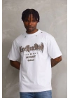 Unisex Kuşgözü Detaylı Baskılı Oversize T-Shirt - Beyaz