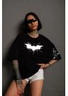 Unisex Ön ve Kol Baskılı Oversize T-shirt - Siyah
