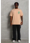 Unisex Oversize Baskılı Bisiklet Yaka T-Shirt - Bej