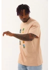 Unisex Oversize Baskılı Bisiklet Yaka T-Shirt - Bej