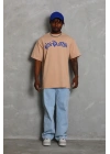 Unisex Oversize Baskılı Bisiklet Yaka T-Shirt - Bej