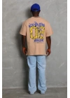 Unisex Oversize Baskılı Bisiklet Yaka T-Shirt - Bej