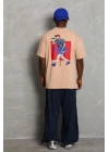 Unisex Oversize Baskılı Bisiklet Yaka T-Shirt - Bej