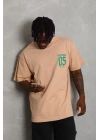 Unisex Oversize Baskılı Bisiklet Yaka T-Shirt - Bej