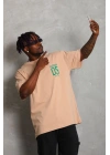 Unisex Oversize Baskılı Bisiklet Yaka T-Shirt - Bej