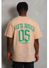 Unisex Oversize Baskılı Bisiklet Yaka T-Shirt - Bej
